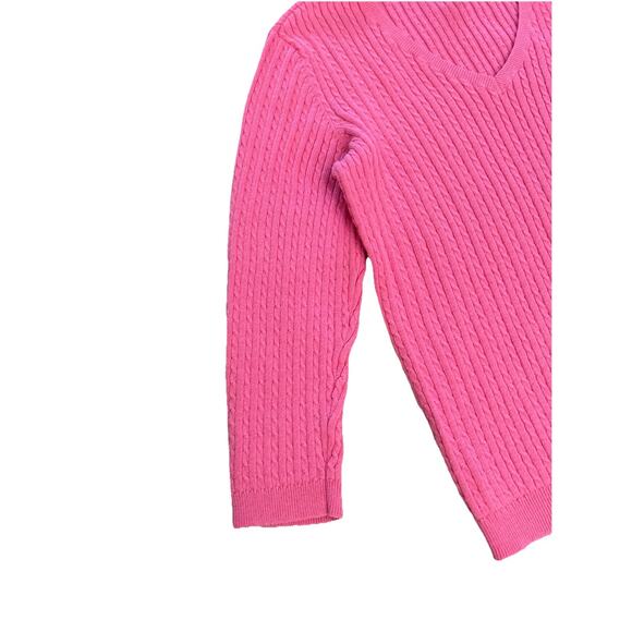 Ralph Lauren Pink V-Neck 3/4 Sleeve Cable Knit Sweater Blouse Size Petite Small - Picture 3 of 6